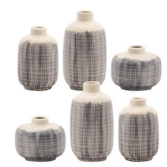 Mini Terra Cotta Bud Vase With Navy Criss Cross Pattern (set Of 6)