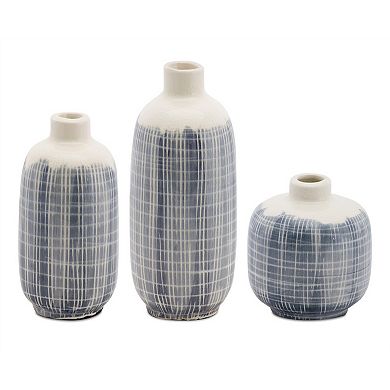 Mini Terra Cotta Bud Vase With Navy Criss Cross Pattern (set Of 6)