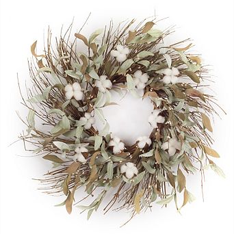 Cotton And Leaf Twig Wreath 28"d