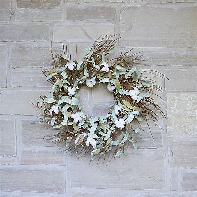 Cotton And Leaf Twig Wreath 28"d