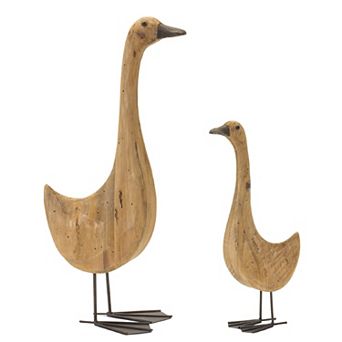 Natural Fir Wood Goose Figurine With Rustic Metal Accents (set Of 2)