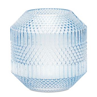 Diamond Pattern Blue Glass Vase Or Candle Holder 6.5"h