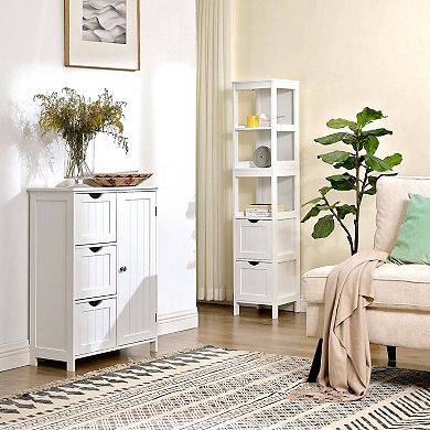 Bathroom Tall Cabinet, Linen Tower, Floor Storage Cupboard, With 2 Drawers, White