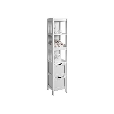 Bathroom Tall Cabinet, Linen Tower, Floor Storage Cupboard, With 2 Drawers, White