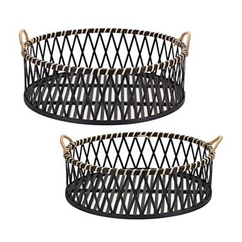 Round Woven Wicker Trays With Rattan Handle Accent (Set Of 2)