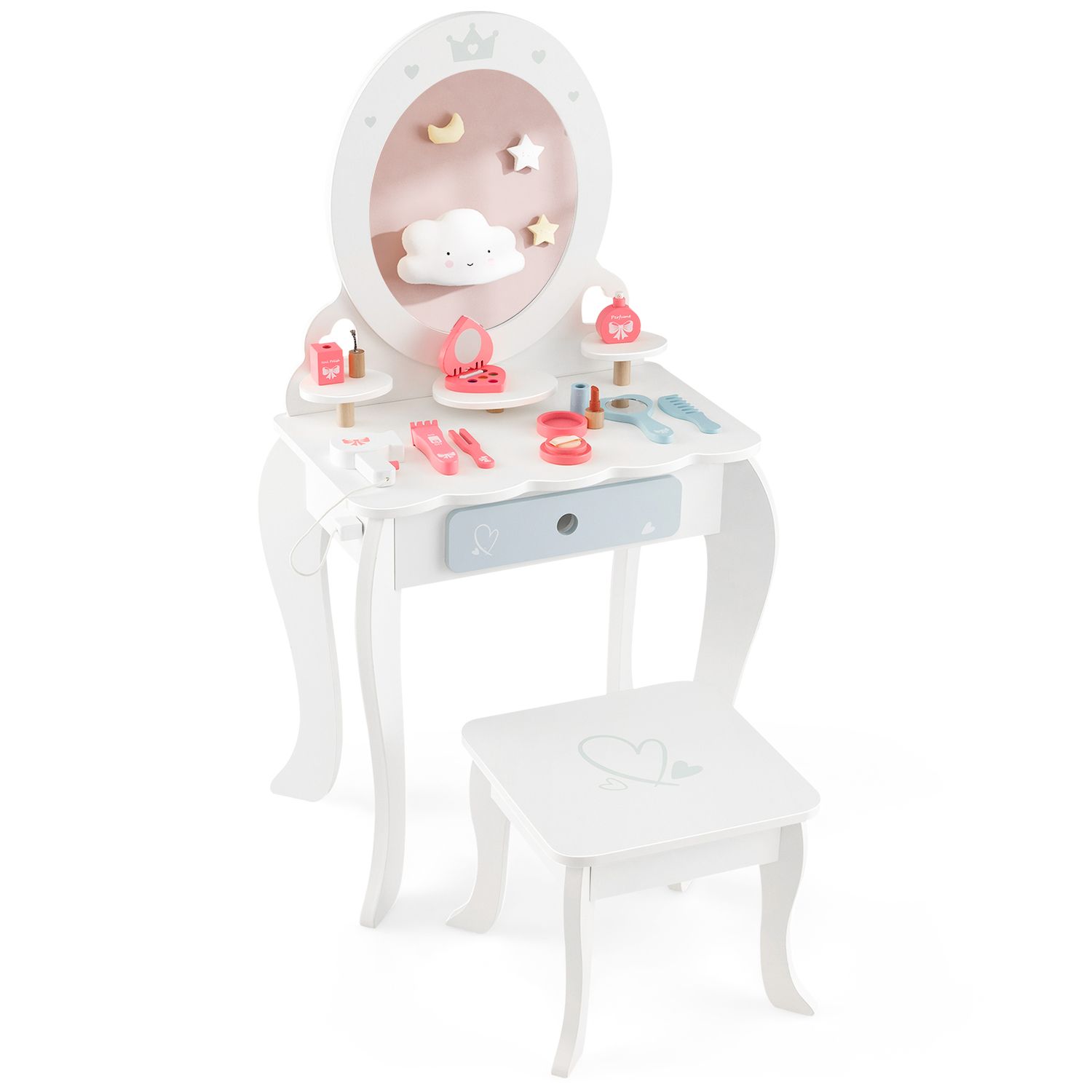 Kids Vanity Princess Makeup Dressing Table Chair Set with Tri-fold