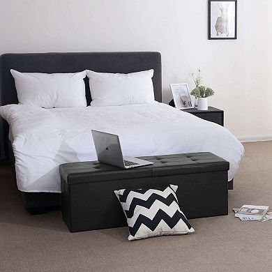 Folding Storage Ottoman Bench Flipping Lid, Faux Leather, Storage Chest With Iron Frame Support
