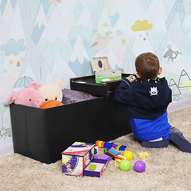 Folding Storage Ottoman Bench Flipping Lid, Faux Leather, Storage Chest With Iron Frame Support