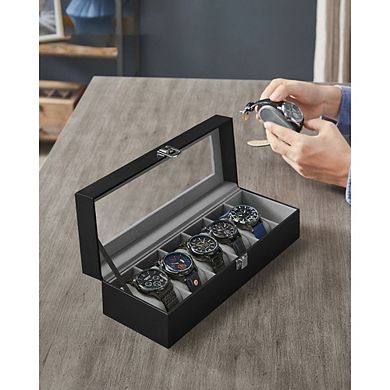 6-Slot Watch Box, Glass Topped Watch Display Storage Case as Gift