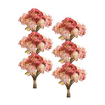 Coral Pink Peony and Hydrangea Flower Bouquet (Set of 6)
