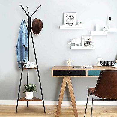 Coat Rack Stand, Coat Tree, Hall Tree Free Standing, Industrial Style w/2 Shelves, For Clothes, Hat