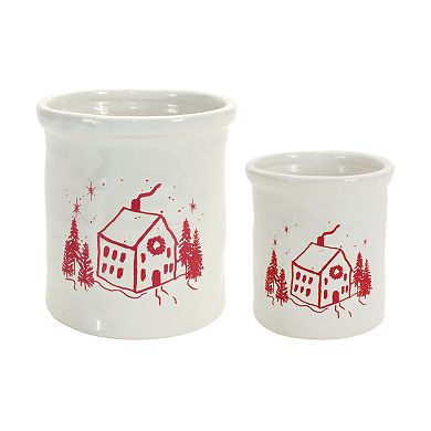 Ceramic Crock With Snowy House Scene (set Of 4)