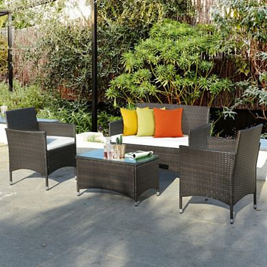 4 Pcs Patio Garden Rattan Furniture Set Coffee Table Cushioned Sofa