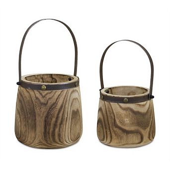 Natural Wooden Pail Planter With Metal Handle Accent (Set Of 2)