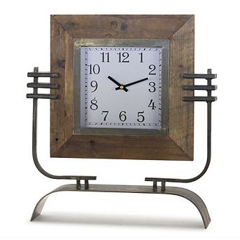 Wood Square Clock On Rustic Metal Stand 17.5"h