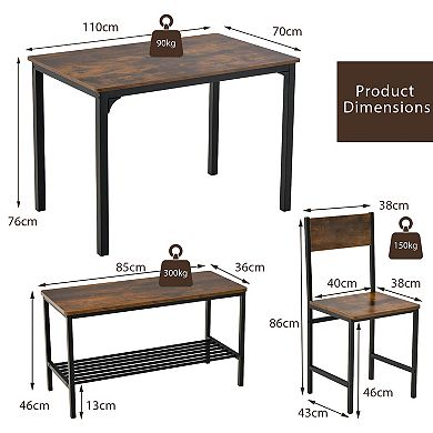 4 Pieces Rustic Dining Table Set With 2 Chairs And Bench-Rustic brown