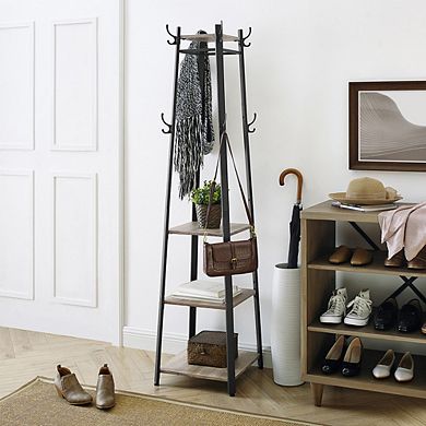Coat Rack, Coat Stand With 3 Shelves, Hall Trees Free Standing With Hooks For Scarves