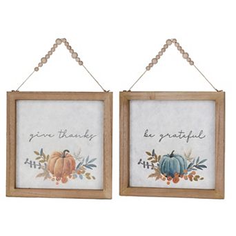 Wood Beaded Hanging Harvest Grateful Thankful Sentiment (Set of 2)