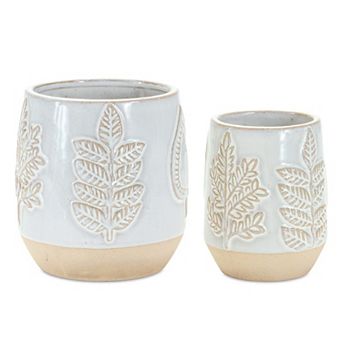 Two Tone Porcelain Planter With Leaf Design (set of 2)