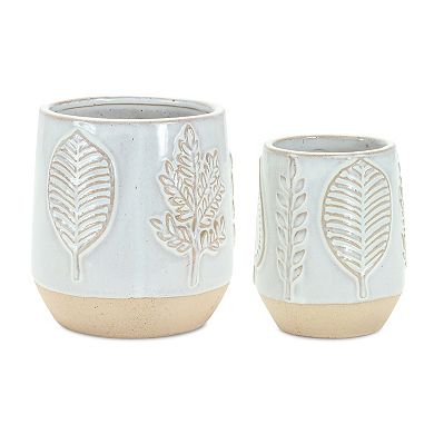 Two Tone Porcelain Planter With Leaf Design (set of 2)