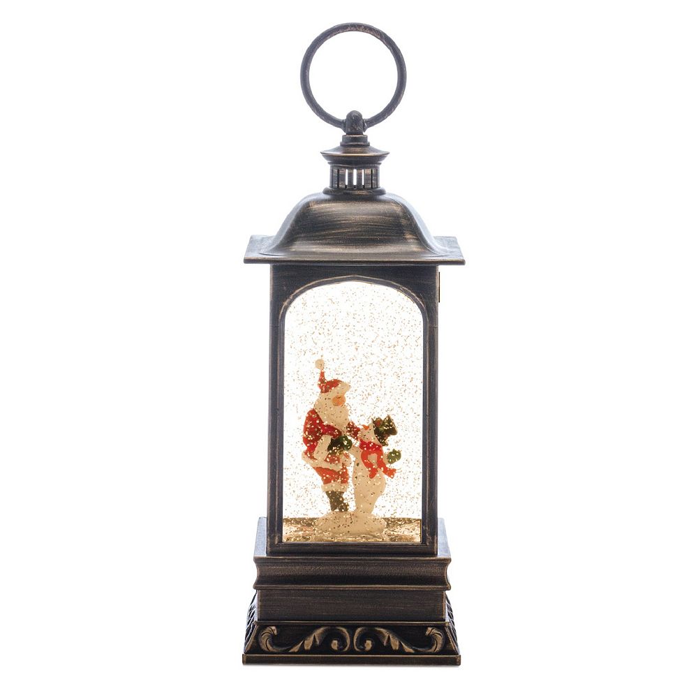 Led Snow Globe Lantern With Santa And Snowman 10.5"h