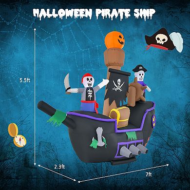 7 Feet Long Halloween Inflatable Pirate Ship With Led Lights Blower