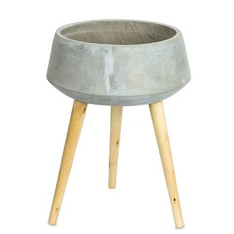 Cement Bowl Planter With Wood Legs 17.5"h