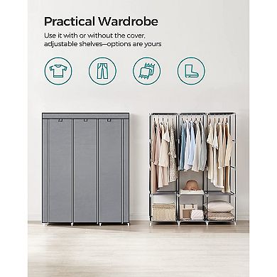 Portable Closet, Wardrobe Closet Organizer with Cover, 3 Hanging Rods and Shelves, 4 Side Pockets