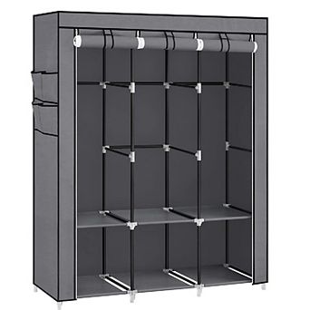 Portable Closet, Wardrobe Closet Organizer with Cover, 3 Hanging Rods and Shelves, 4 Side Pockets