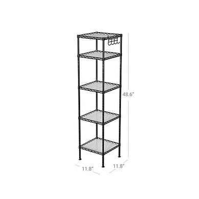 Bathroom Shelf, Storage Rack For Small Space, With 5 Pp Sheets, Removable Hooks, Adjustable Height