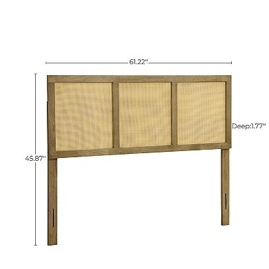 LuxenHome Natural Finish Rubberwood with Rattan Panels Headboard, Queen