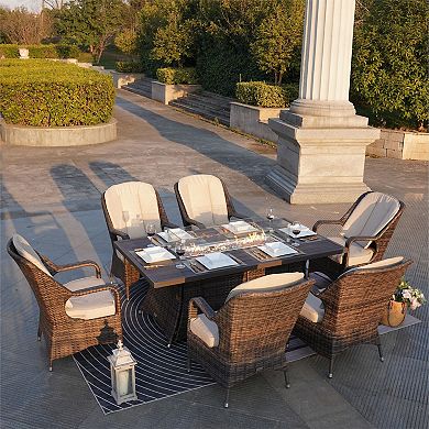 7-piece Patio Wicker Dining Set With Rectangular Fire Pit Table