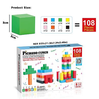 PicassoTiles 108 Piece 1.2" Cube Toy, Magnetic Puzzle, Building Block for Kid Age 3 & Up, PMC303