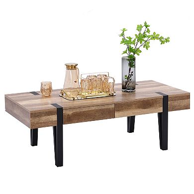 LuxenHome Oak Finish Mdf Wood Black Metal 2-drawer Coffee Table