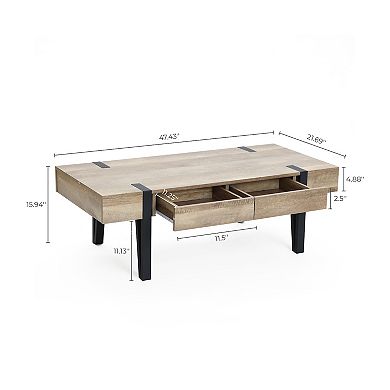 LuxenHome Oak Finish Mdf Wood Black Metal 2-drawer Coffee Table