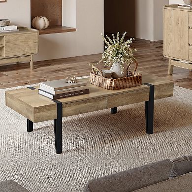 LuxenHome Oak Finish Mdf Wood Black Metal 2-drawer Coffee Table