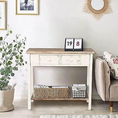 LuxenHome Distressed White And Wood 2-drawer 1-shelf Console And Entry Table