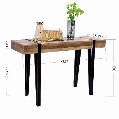 LuxenHome Oak Finish Mdf Wood Black Metal Console Entry Table