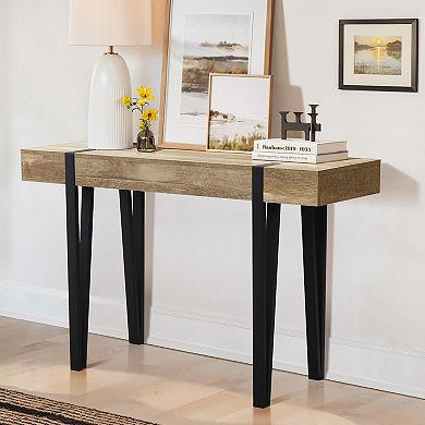 LuxenHome Oak Finish Mdf Wood Black Metal Console Entry Table