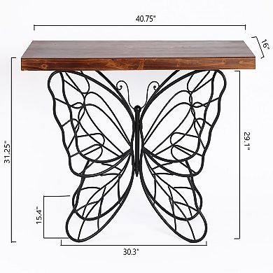 LuxenHome Wood Top Metal Butterfly Accent Console And Entry Table