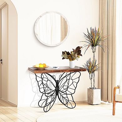 LuxenHome Wood Top Metal Butterfly Accent Console And Entry Table