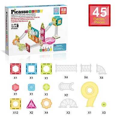 PicassoTiles 45 PC Mini Marble Race Track Building Block & Magnetic Tiles, STEM Toy for Kids 3+