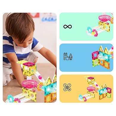PicassoTiles 45 PC Mini Marble Race Track Building Block & Magnetic Tiles, STEM Toy for Kids 3+