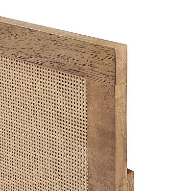 LuxenHome Natural Finish Rubberwood with Rattan Panel Headboard, Queen