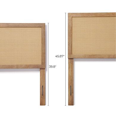 LuxenHome Natural Finish Rubberwood with Rattan Panel Headboard, Queen
