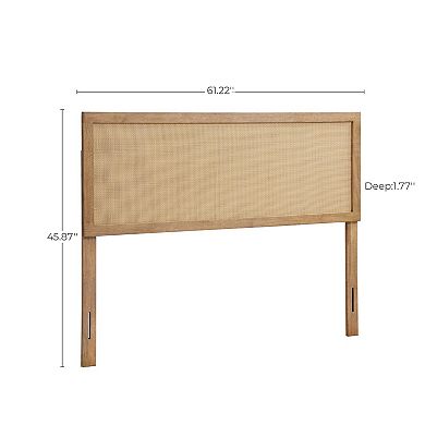 LuxenHome Natural Finish Rubberwood with Rattan Panel Headboard, Queen