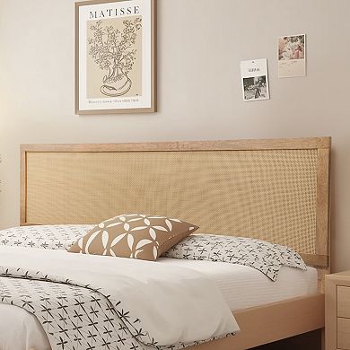 LuxenHome Natural Finish Rubberwood with Rattan Panel Headboard, Queen