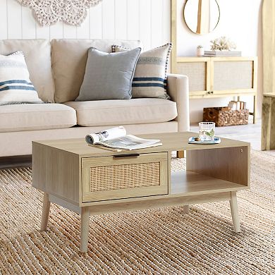 LuxenHome White Oak Finish Wood And Rattan Coffee Table