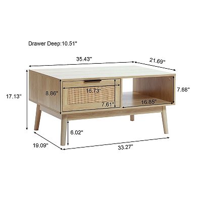 LuxenHome White Oak Finish Wood And Rattan Coffee Table