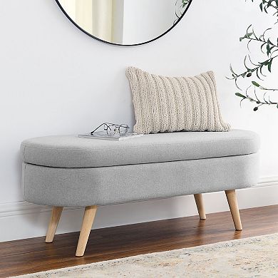 Oval Linen Storage Bench Ottoman For Footstool Or Seat With Rubber Wood Legs